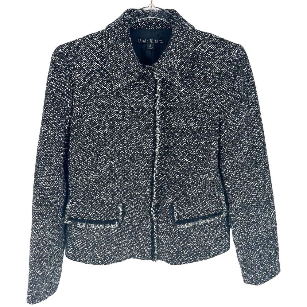 Lafayette 148 Blazer Women 2 Black White Tweed Snap Button Raw Hem Office Career - Picture 1 of 12
